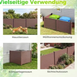 Sichtschutzzaun Gartenzaun mit 3 Paneelen wetterfester Lamellenzaun mit 4 Pfählen Braun