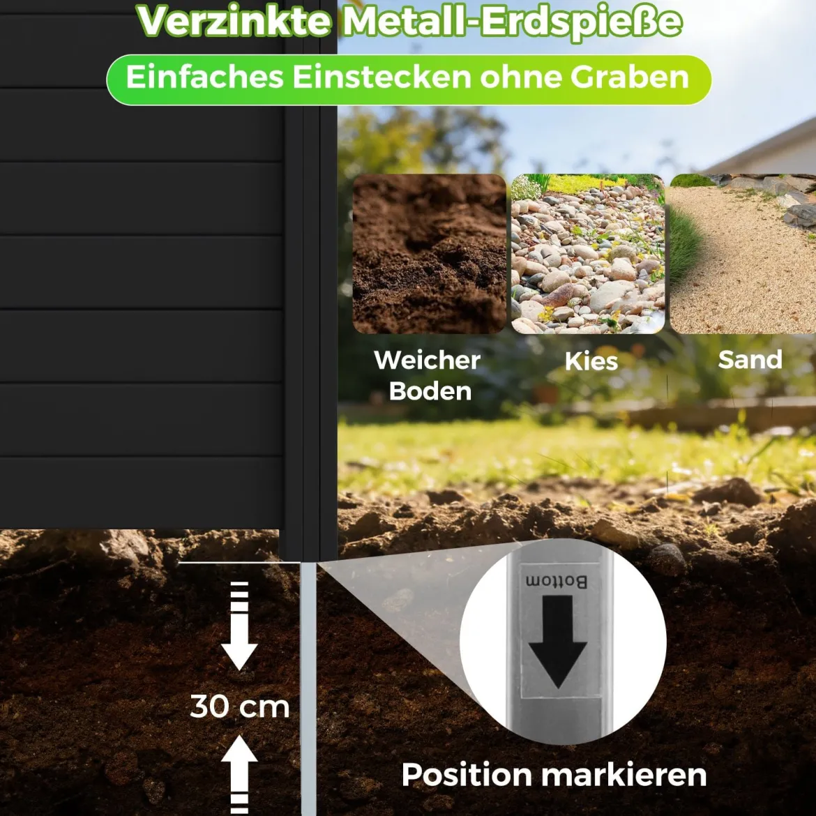 Sichtschutzzaun Gartenzaun mit 2 Paneelen wetterfester Lamellenzaun mit 3 Pfählen Schwarz
