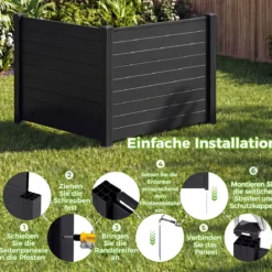 Sichtschutzzaun Gartenzaun mit 2 Paneelen wetterfester Lamellenzaun mit 3 Pfählen Schwarz