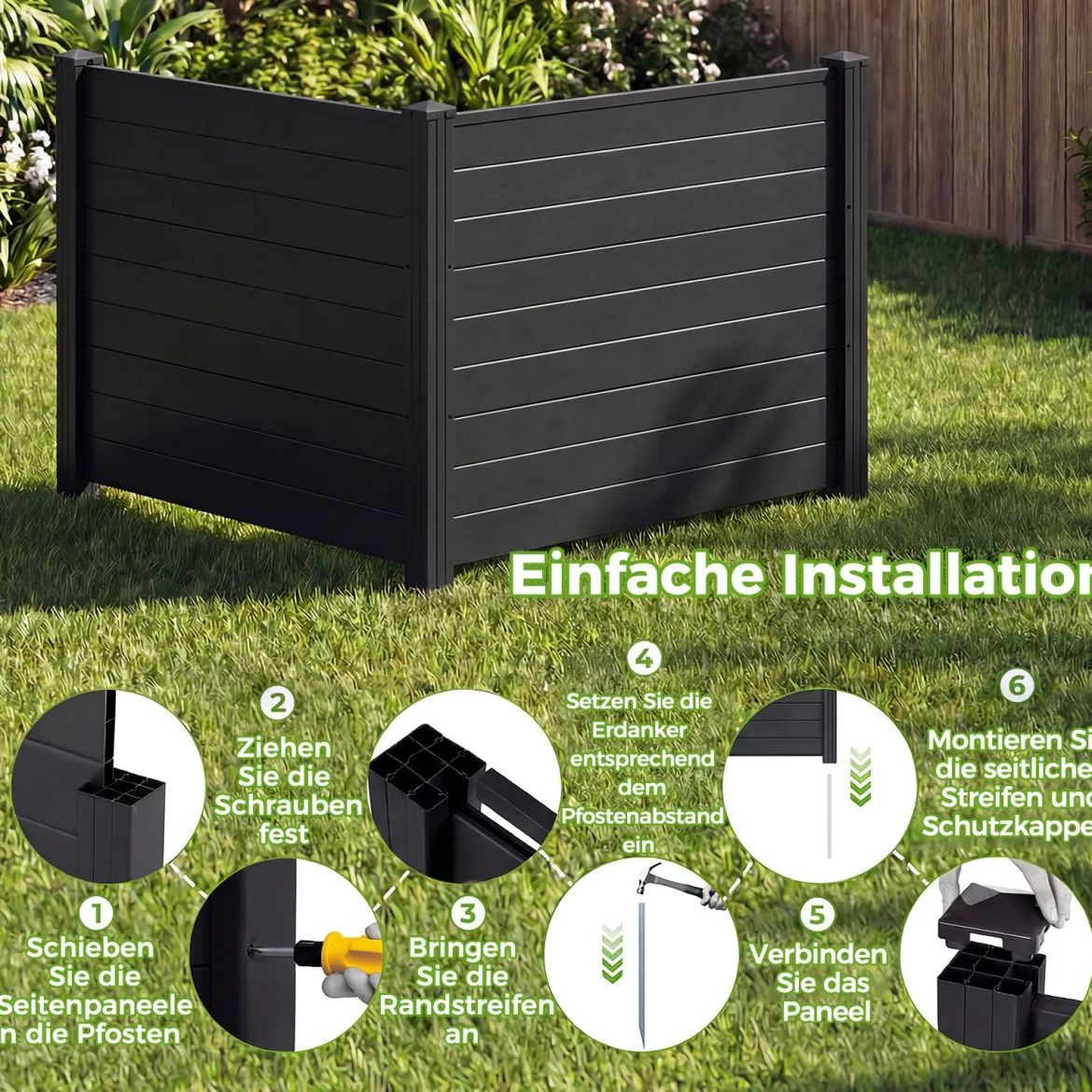 Sichtschutzzaun Gartenzaun mit 2 Paneelen wetterfester Lamellenzaun mit 3 Pfählen Schwarz