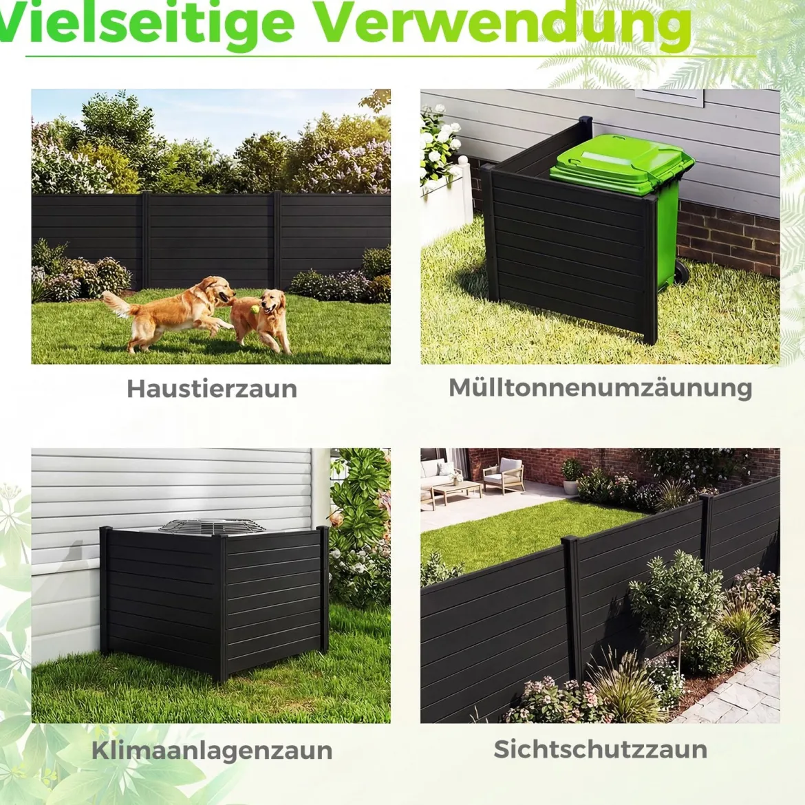 Sichtschutzzaun Gartenzaun mit 2 Paneelen wetterfester Lamellenzaun mit 3 Pfählen Schwarz