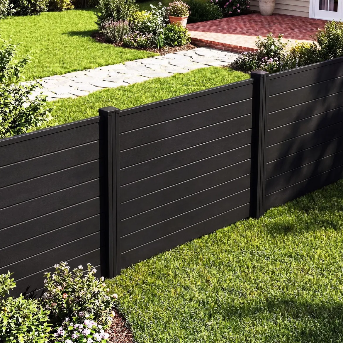 Sichtschutzzaun Gartenzaun mit 2 Paneelen wetterfester Lamellenzaun mit 3 Pfählen Schwarz