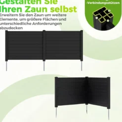 Sichtschutzzaun Gartenzaun mit 2 Paneelen wetterfester Lamellenzaun mit 3 Pfählen Schwarz