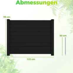 Sichtschutzzaun Gartenzaun mit 2 Paneelen wetterfester Lamellenzaun mit 3 Pfählen Schwarz