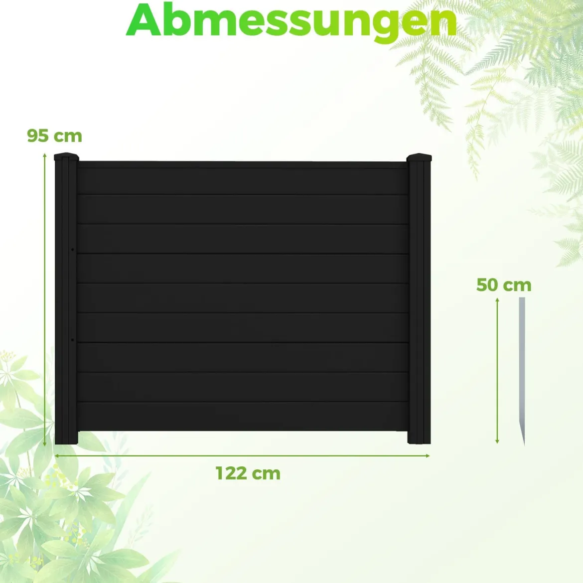 Sichtschutzzaun Gartenzaun mit 2 Paneelen wetterfester Lamellenzaun mit 3 Pfählen Schwarz