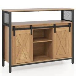 Sideboard aus Holz mit Metallrahmen 2 Schiebetüren & 3 Verstellbaren Regalen 100 x 33 x 80 cm Natur