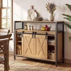 Sideboard aus Holz mit Metallrahmen 2 Schiebetüren & 3 Verstellbaren Regalen 100 x 33 x 80 cm Natur