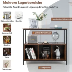Sideboard aus Holz mit Metallrahmen & Offenem Regal & 3 Fächern 110 x 42,5 x 88 cm Braun