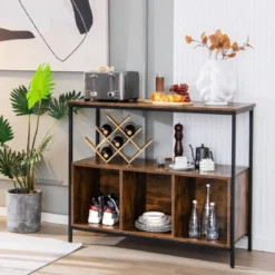 Sideboard aus Holz mit Metallrahmen & Offenem Regal & 3 Fächern 110 x 42,5 x 88 cm Braun