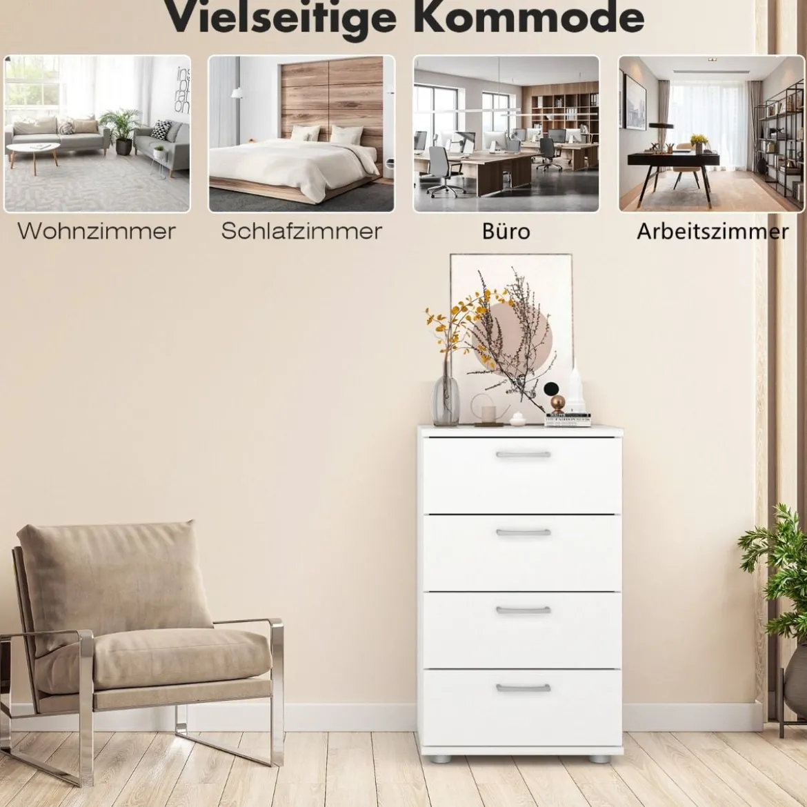 Sideboard aus Holz mit 4 Schubladen & Metallschienen & Kippsicherung Weiß