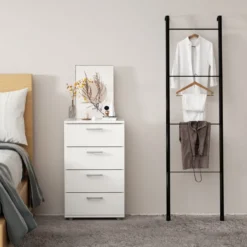 Sideboard aus Holz mit 4 Schubladen & Metallschienen & Kippsicherung Weiß