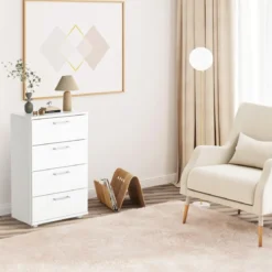 Sideboard aus Holz mit 4 Schubladen & Metallschienen & Kippsicherung Weiß