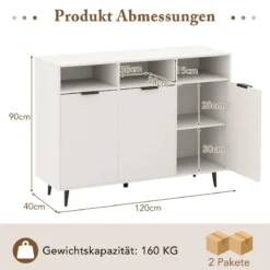 Sideboard Holz Küchenschrank mit 5-Fach verstellbaren Regalen 120 x 40 x 90 cm Weiß