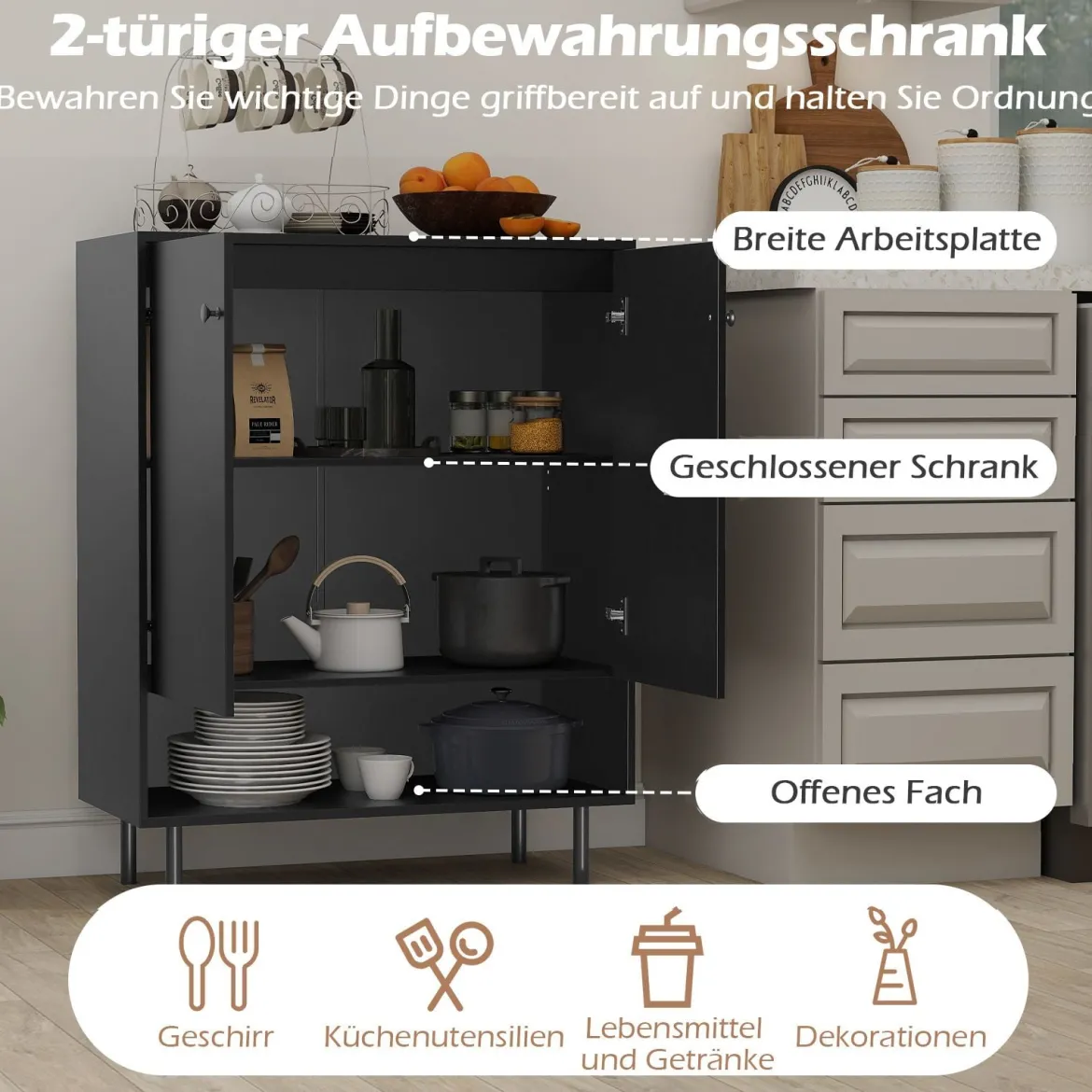 Sideboard Holz Kommode mit verstellbaren Ablagen & 2 Türen Anrichteschrank Buffetschrank Küchenschrank Aufbewahrungsschrank 75 x 35 x 95 cm Schwarz