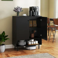 Sideboard Holz Kommode mit verstellbaren Ablagen & 2 Türen Anrichteschrank Buffetschrank Küchenschrank Aufbewahrungsschrank 75 x 35 x 95 cm Schwarz
