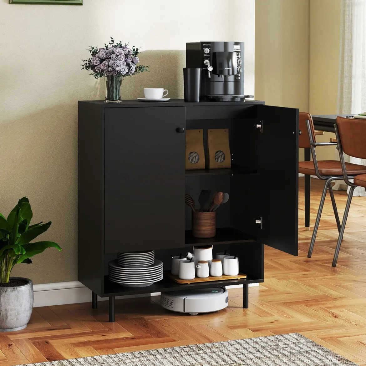 Sideboard Holz Kommode mit verstellbaren Ablagen & 2 Türen Anrichteschrank Buffetschrank Küchenschrank Aufbewahrungsschrank 75 x 35 x 95 cm Schwarz