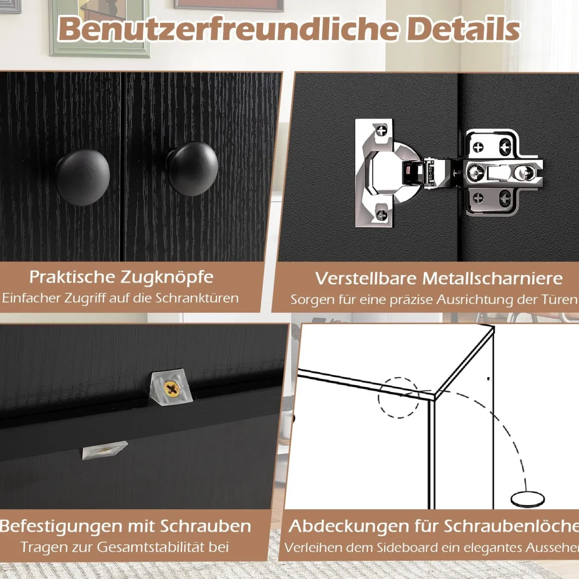 Sideboard Holz Kommode mit verstellbaren Ablagen & 2 Türen Anrichteschrank Buffetschrank Küchenschrank Aufbewahrungsschrank 75 x 35 x 95 cm Schwarz