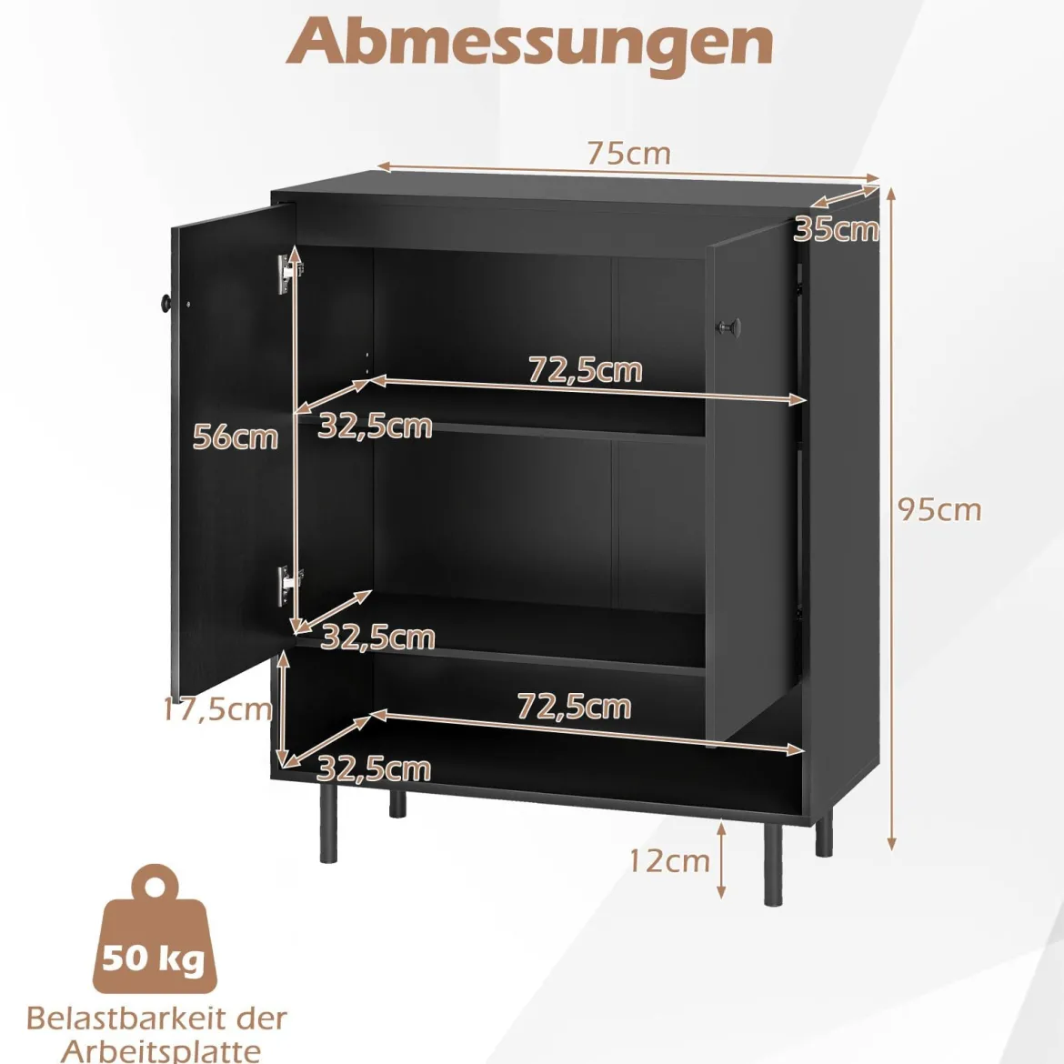 Sideboard Holz Kommode mit verstellbaren Ablagen & 2 Türen Anrichteschrank Buffetschrank Küchenschrank Aufbewahrungsschrank 75 x 35 x 95 cm Schwarz