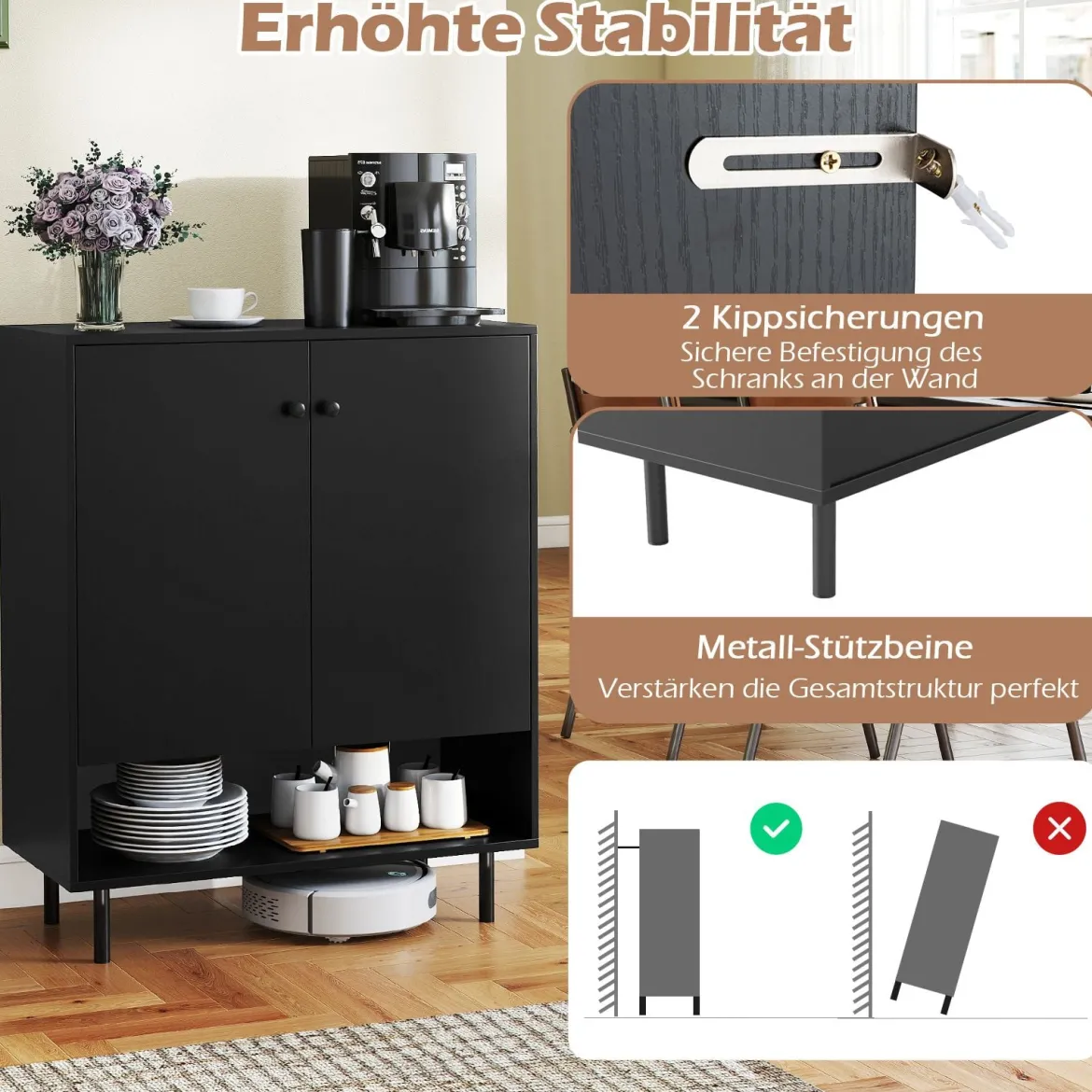 Sideboard Holz Kommode mit verstellbaren Ablagen & 2 Türen Anrichteschrank Buffetschrank Küchenschrank Aufbewahrungsschrank 75 x 35 x 95 cm Schwarz