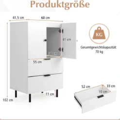 Sideboard Holz mit Metallbeinen Buffetschrank Servierschrank mit Schubladen & Türen 60 x 41,5 x 102 cm Weiß