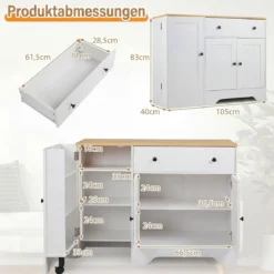 Sideboard Küchenschrank mit Mobiler Tür & Festestellbarer Rolle 105 x 40 x 83 cm Weiß/Schwarz
