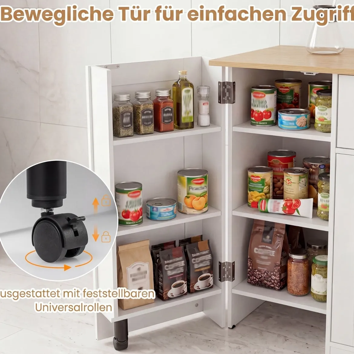Sideboard Küchenschrank mit Mobiler Tür & Festestellbarer Rolle 105 x 40 x 83 cm Weiß/Schwarz