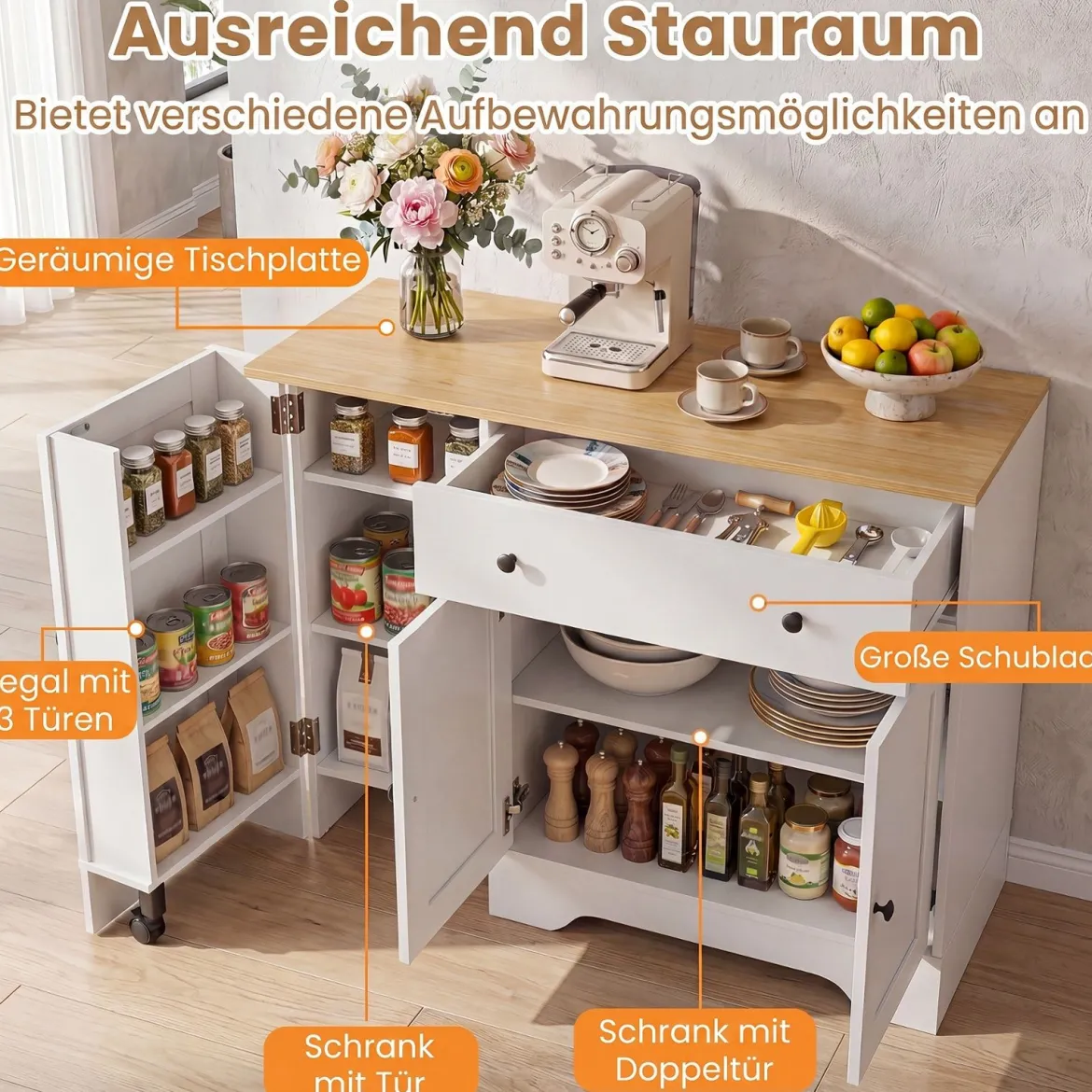 Sideboard Küchenschrank mit Mobiler Tür & Festestellbarer Rolle 105 x 40 x 83 cm Weiß/Schwarz