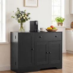 Sideboard Küchenschrank mit Mobiler Tür & Festestellbarer Rolle 105 x 40 x 83 cm Weiß/Schwarz