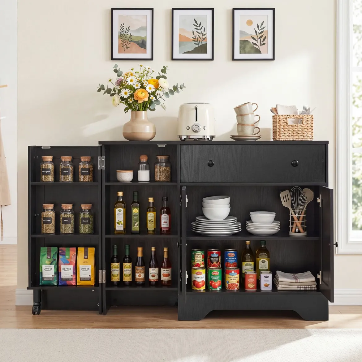 Sideboard Küchenschrank mit Mobiler Tür & Festestellbarer Rolle 105 x 40 x 83 cm Weiß/Schwarz