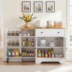 Sideboard Küchenschrank mit Mobiler Tür & Festestellbarer Rolle 105 x 40 x 83 cm Weiß/Schwarz
