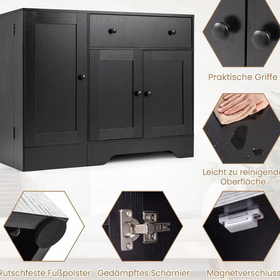 Sideboard Küchenschrank mit Mobiler Tür & Festestellbarer Rolle 105 x 40 x 83 cm Weiß/Schwarz