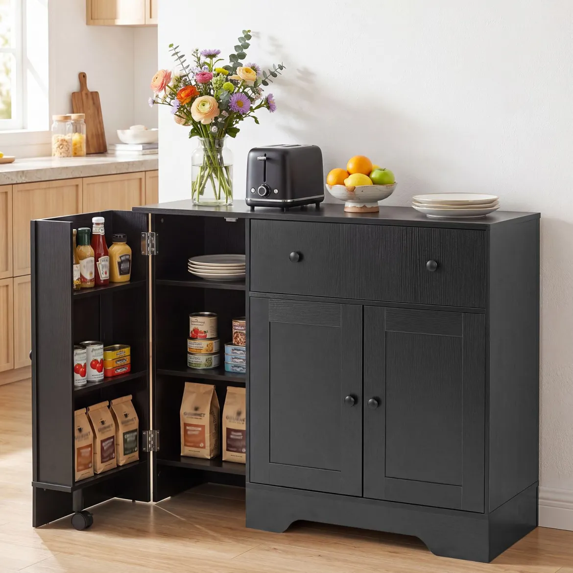 Sideboard Küchenschrank mit Mobiler Tür & Festestellbarer Rolle 105 x 40 x 83 cm Weiß/Schwarz