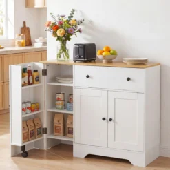 Sideboard Küchenschrank mit Mobiler Tür & Festestellbarer Rolle 105 x 40 x 83 cm Weiß/Schwarz