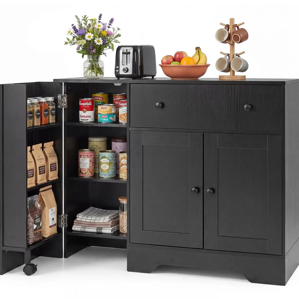 Sideboard Küchenschrank mit Mobiler Tür & Festestellbarer Rolle 105 x 40 x 83 cm Weiß/Schwarz