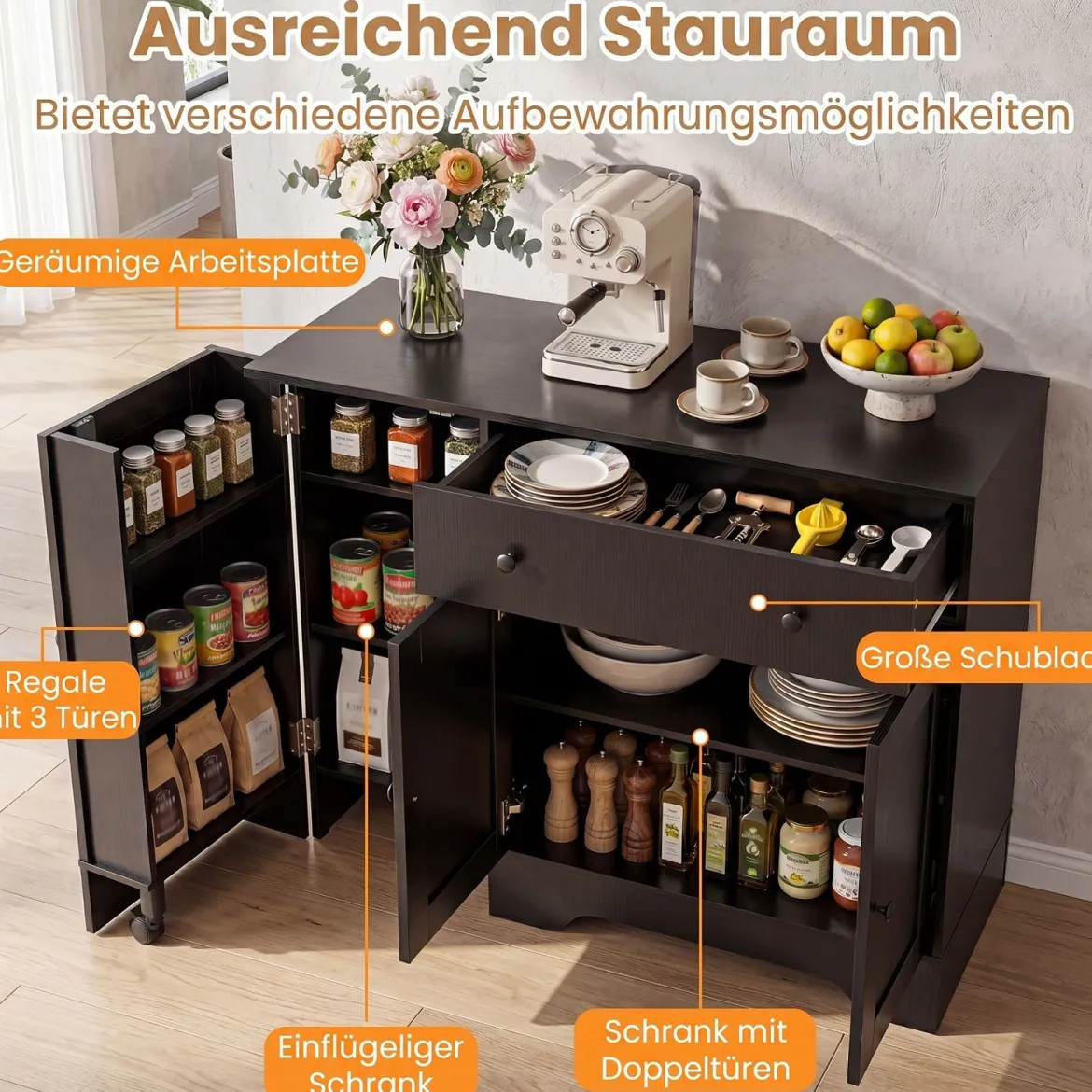 Sideboard Küchenschrank mit Mobiler Tür & Festestellbarer Rolle 105 x 40 x 83 cm Weiß/Schwarz