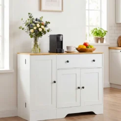 Sideboard Küchenschrank mit Mobiler Tür & Festestellbarer Rolle 105 x 40 x 83 cm Weiß/Schwarz