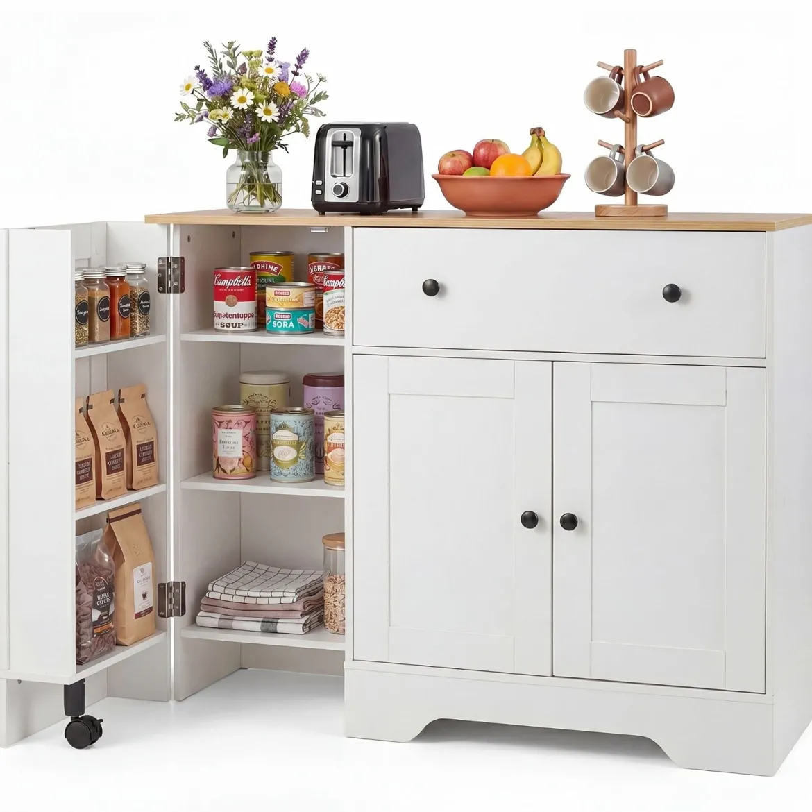 Sideboard Küchenschrank mit Mobiler Tür & Festestellbarer Rolle 105 x 40 x 83 cm Weiß/Schwarz