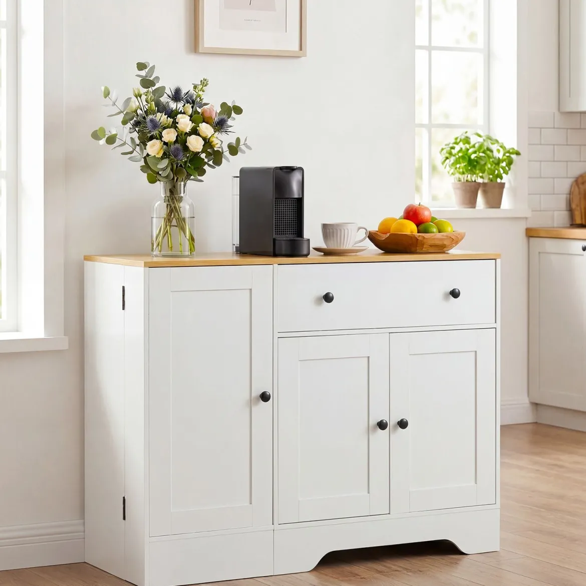 Sideboard Küchenschrank mit Mobiler Tür & Festestellbarer Rolle 105 x 40 x 83 cm Weiß/Schwarz