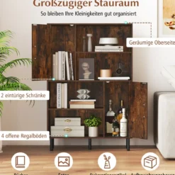 Sideboard Küchenschrank mit 4 Offenen Fächern & 2 Schränken mit Türen Kommode Braun/Schwarz