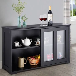 Sideboard Küchenschrank Wohnzimmerregel mit Schiebetüren Schwarz 106,5 x 33 x 62,5 cm