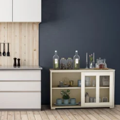 Sideboard Küchenschrank Wohnzimmerregel mit Schiebetüren Cremeweiß 106,5 x 33 x 62,5 cm