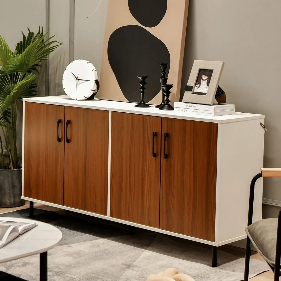 Sideboard Kommode mit 4 Türen Anrichte Schrank Holz 148 x 40 x 75,5 cm Walnuss