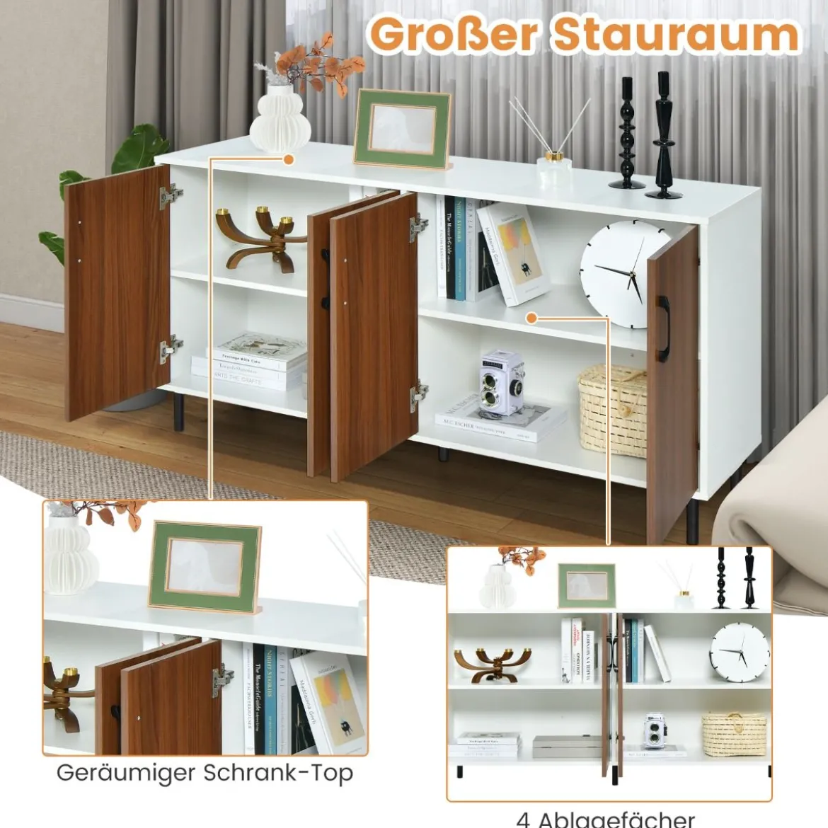 Sideboard Kommode mit 4 Türen Anrichte Schrank Holz 148 x 40 x 75,5 cm Walnuss