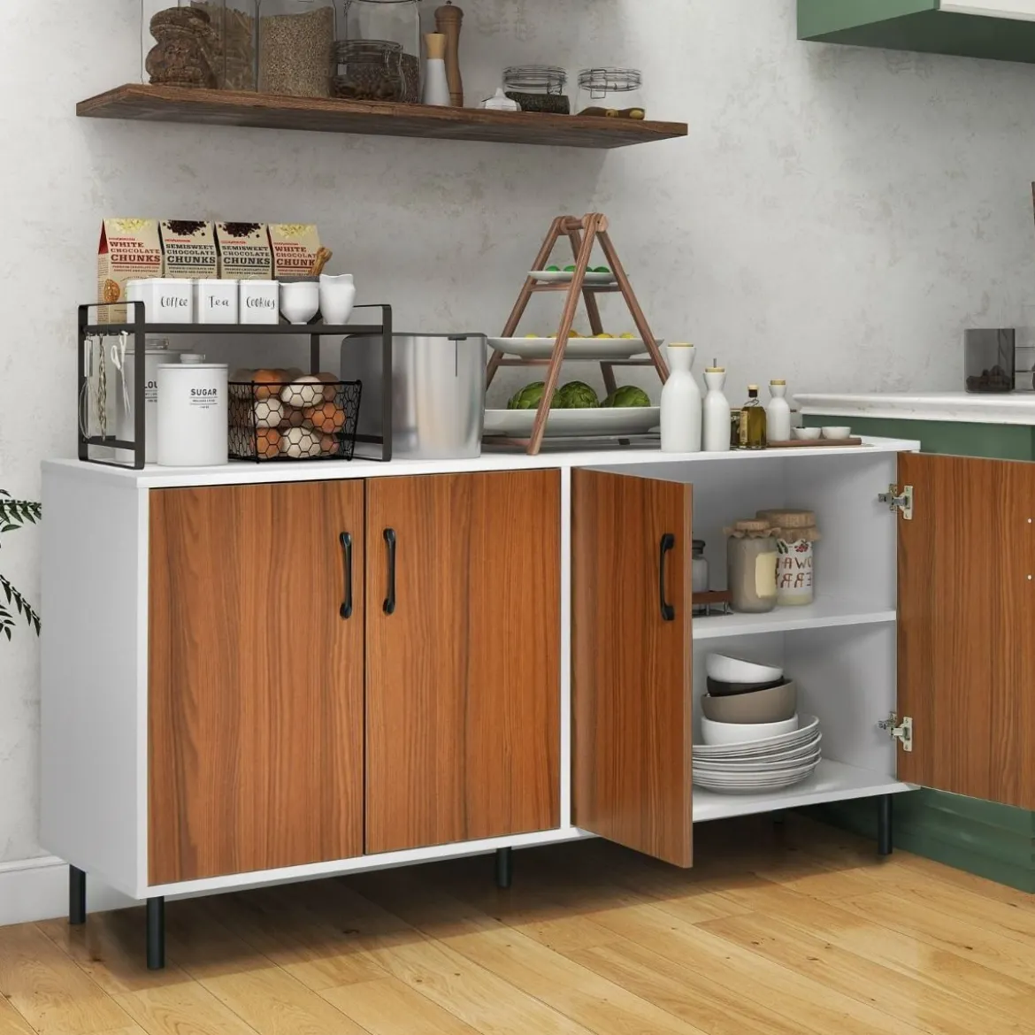 Sideboard Kommode mit 4 Türen Anrichte Schrank Holz 148 x 40 x 75,5 cm Walnuss