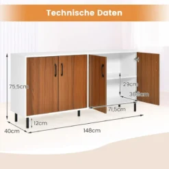 Sideboard Kommode mit 4 Türen Anrichte Schrank Holz 148 x 40 x 75,5 cm Walnuss
