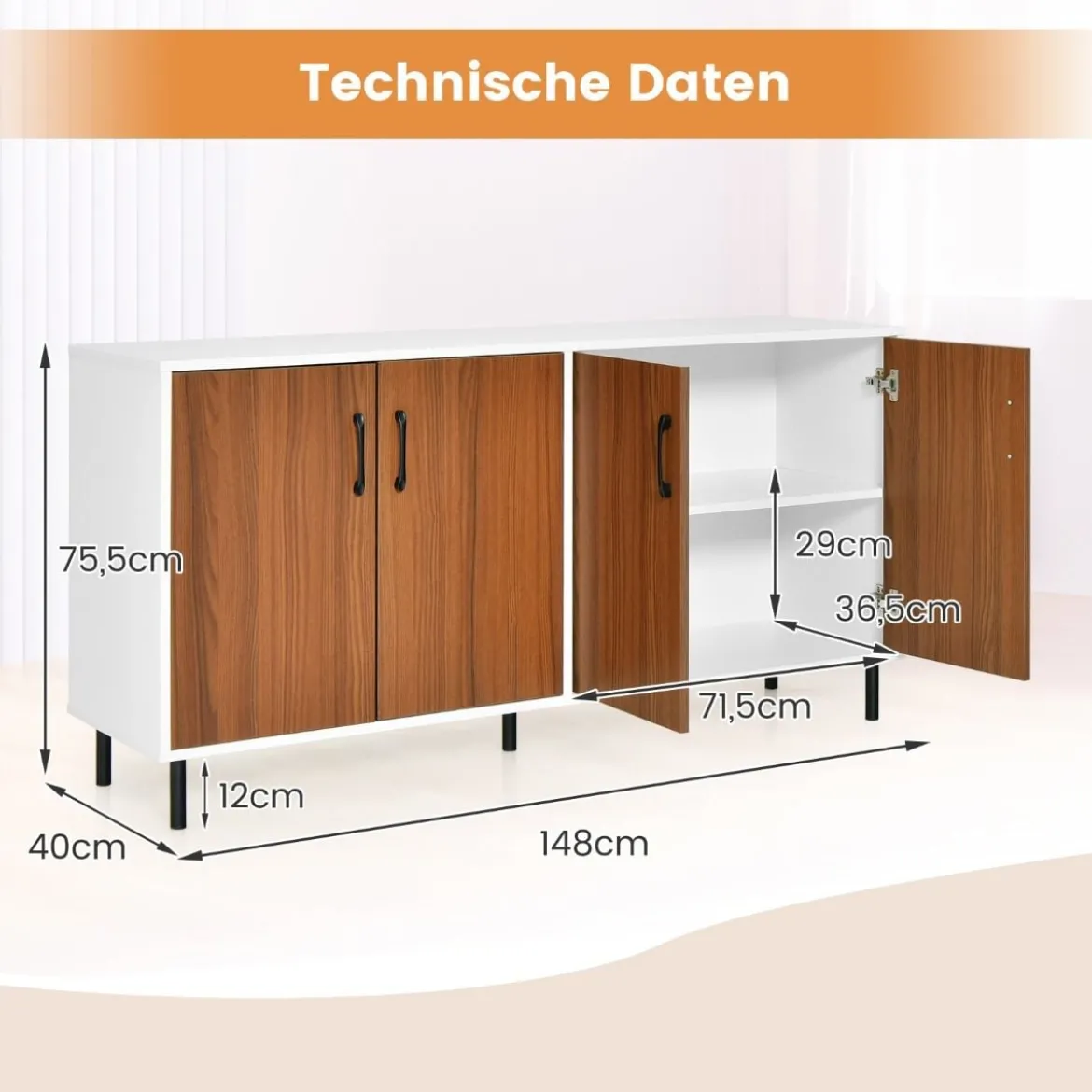 Sideboard Kommode mit 4 Türen Anrichte Schrank Holz 148 x 40 x 75,5 cm Walnuss