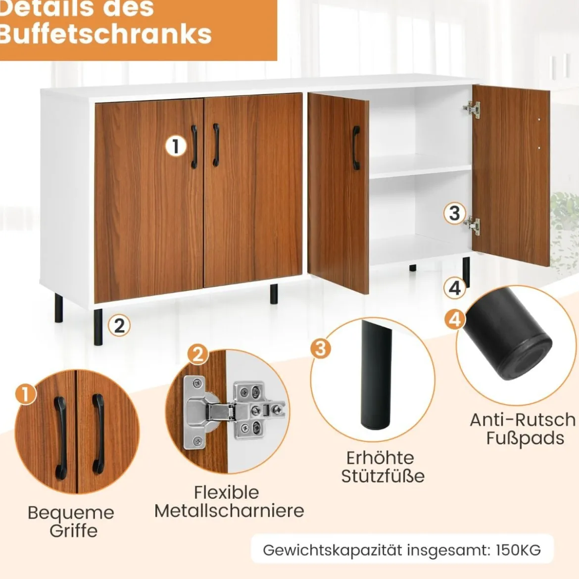 Sideboard Kommode mit 4 Türen Anrichte Schrank Holz 148 x 40 x 75,5 cm Walnuss