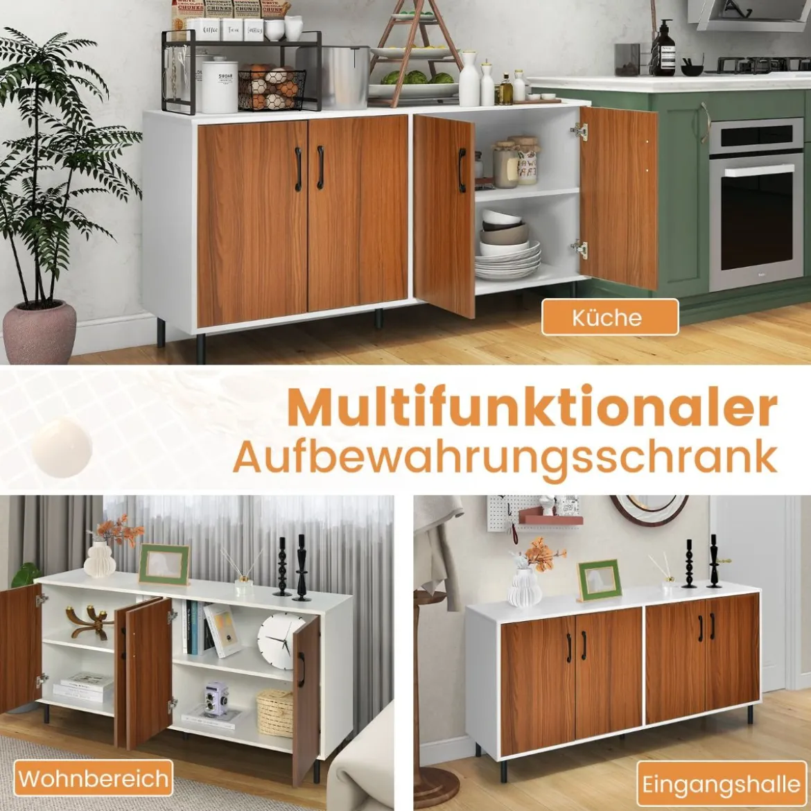 Sideboard Kommode mit 4 Türen Anrichte Schrank Holz 148 x 40 x 75,5 cm Walnuss