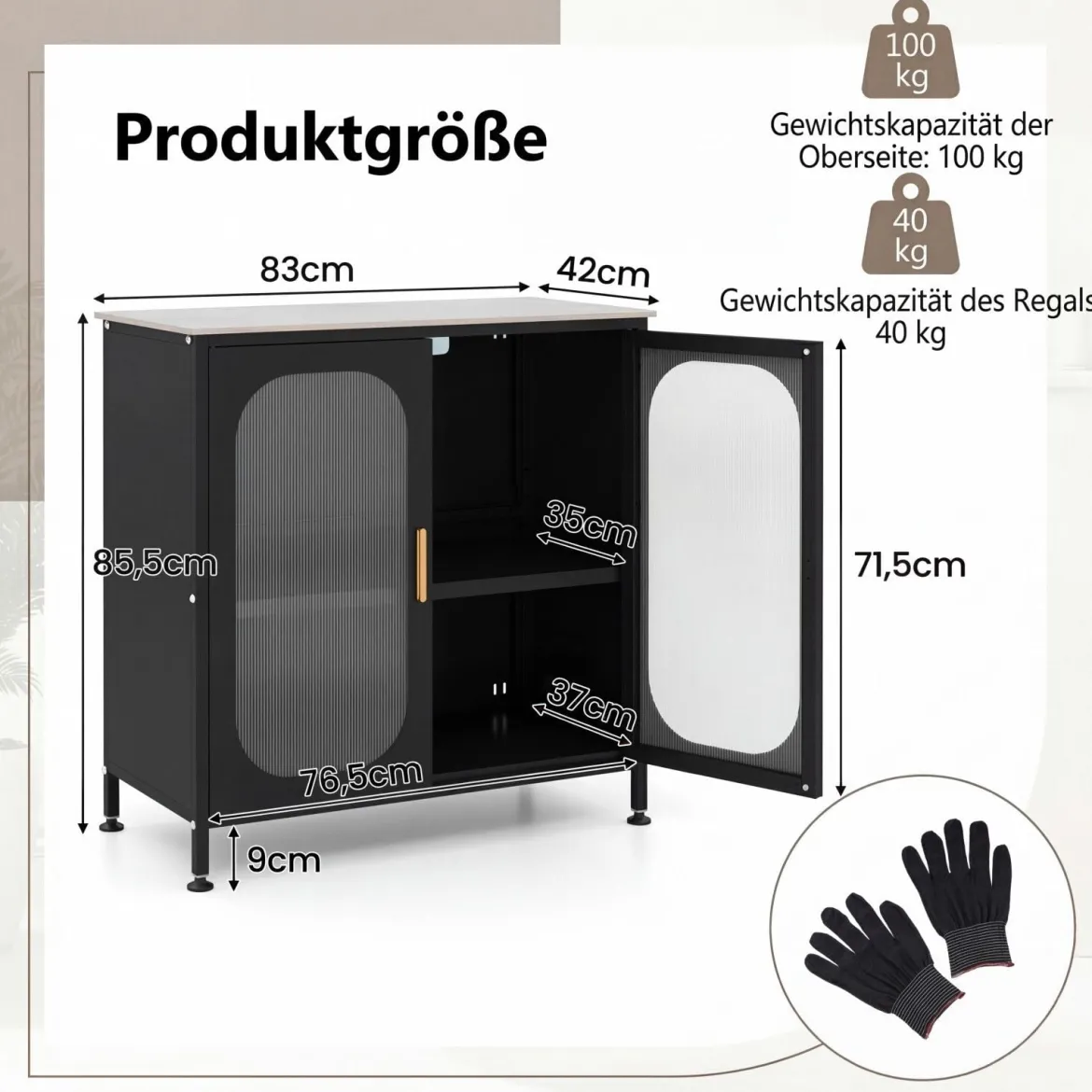 Sideboard Kommode mit Verstellbarer Ablage Buffetschrank mit Halbtransparenter Doppeltür Schwarz