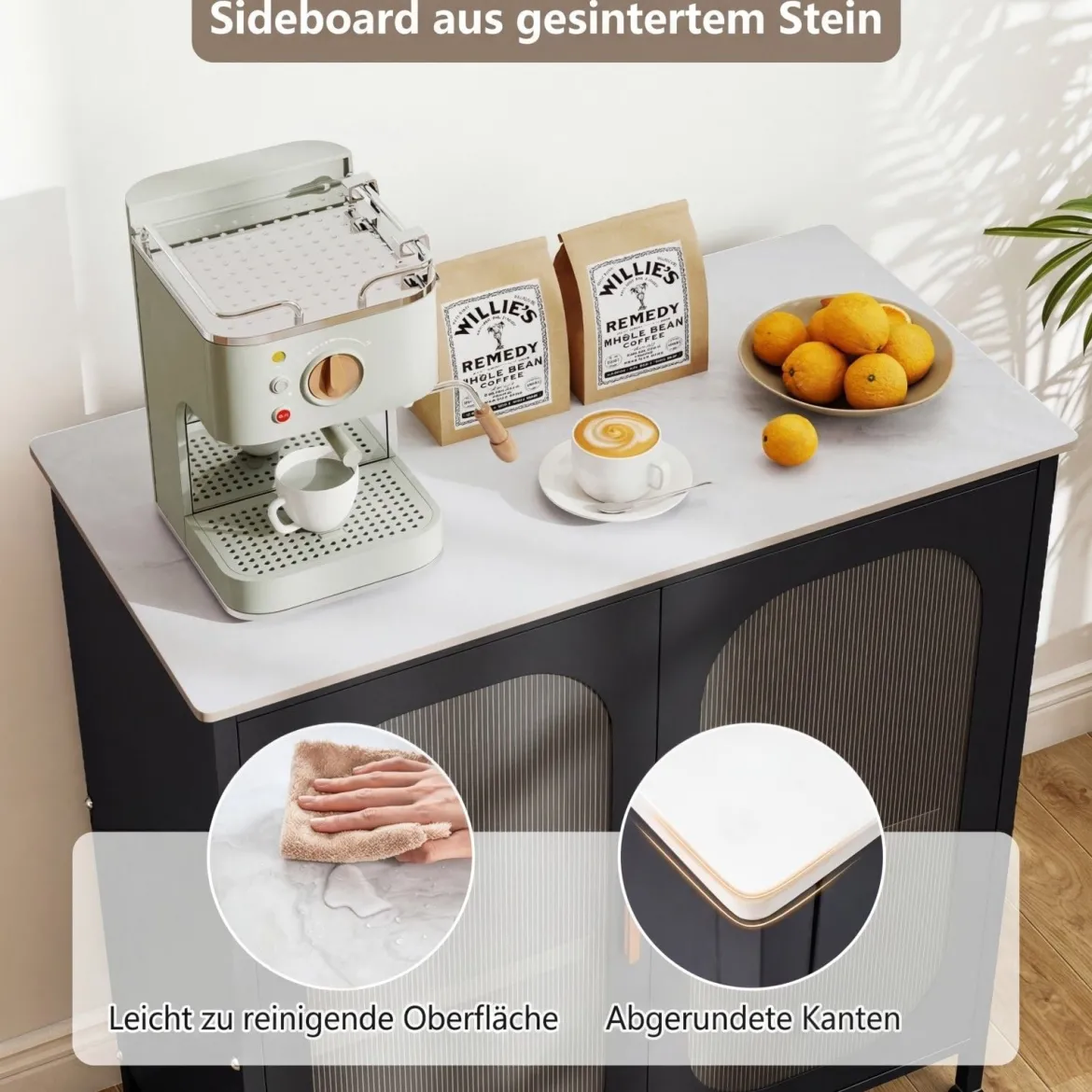 Sideboard Kommode mit Verstellbarer Ablage Buffetschrank mit Halbtransparenter Doppeltür Schwarz